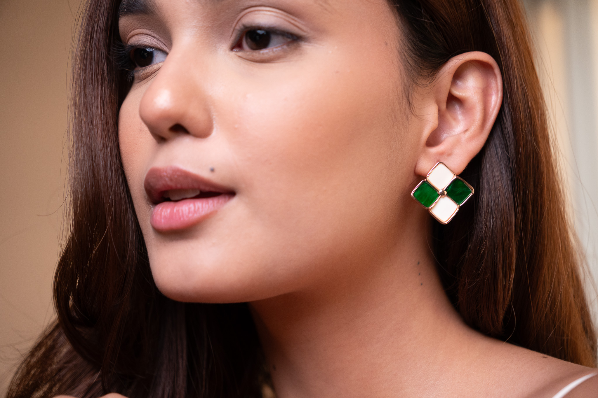 Green & White Enamel Clover Earrings